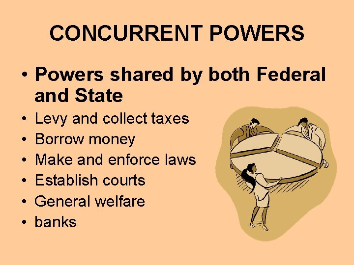 CONCURRENT POWERS • Powers shared by both Federal and State • • • Levy