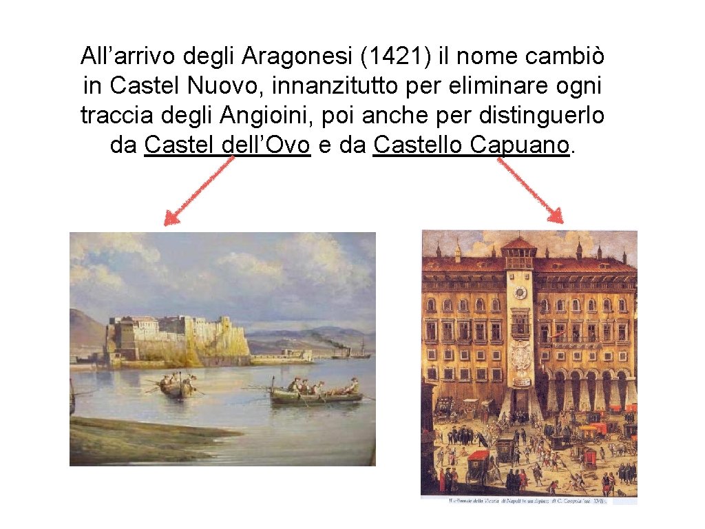 All’arrivo degli Aragonesi (1421) il nome cambiò in Castel Nuovo, innanzitutto per eliminare ogni