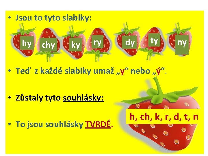  • Jsou to tyto slabiky: hy chy ky ry dy ty ny •