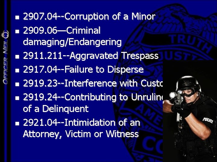 n n n n 2907. 04 --Corruption of a Minor 2909. 06—Criminal damaging/Endangering 2911.