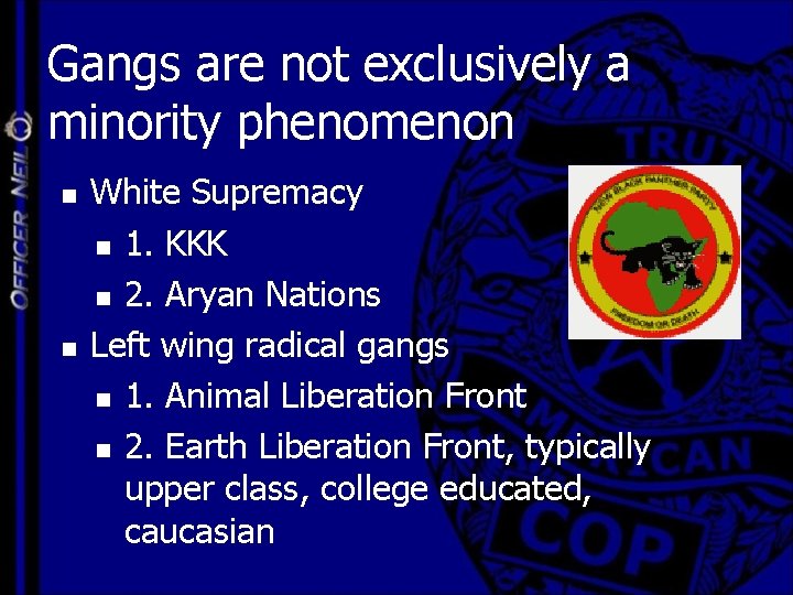 Gangs are not exclusively a minority phenomenon n n White Supremacy n 1. KKK