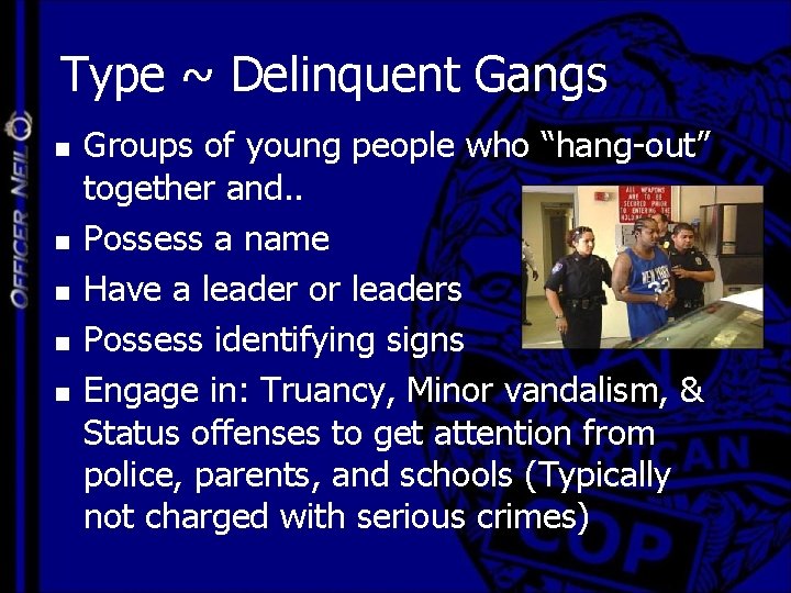 Type ~ Delinquent Gangs n n n Groups of young people who “hang-out” together