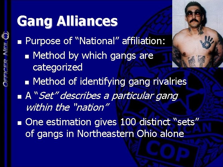 Gang Alliances Purpose of “National” affiliation: n Method by which gangs are categorized n
