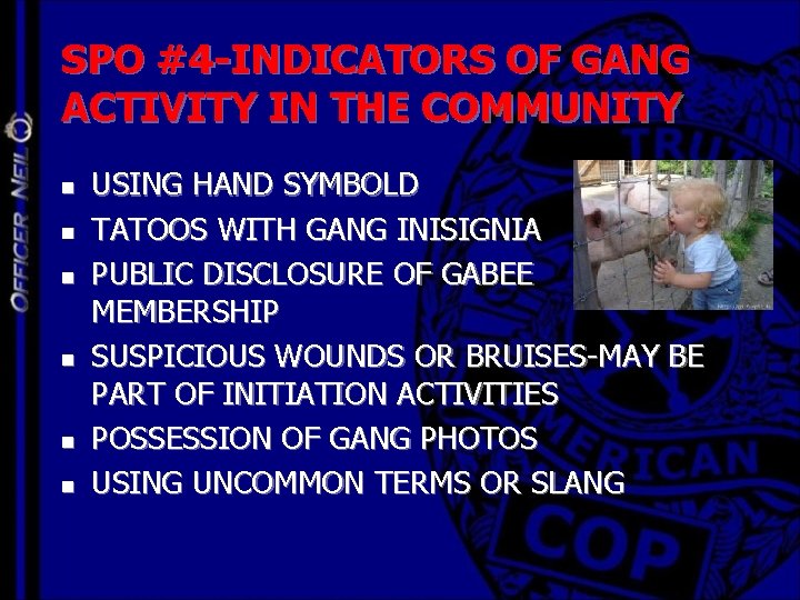 SPO #4 -INDICATORS OF GANG ACTIVITY IN THE COMMUNITY n n n USING HAND