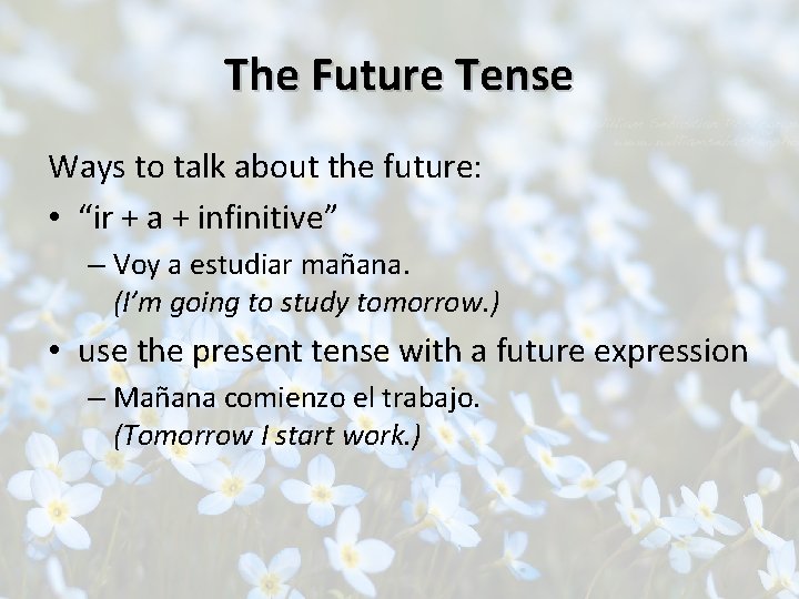 The Future Tense Ways to talk about the future: • “ir + a +