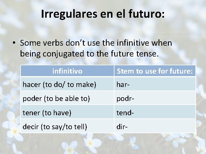 Irregulares en el futuro: • Some verbs don’t use the infinitive when being conjugated