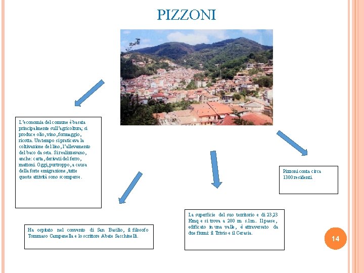 PIZZONI L’economia del comune è basata principalmente sull’agricoltura; si produce olio, vino, formaggio, ricotta.