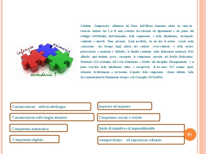 L'Istituto Comprensivo all'interno del Piano dell'Offerta formativa adotta un curricolo verticale unitario dai 3