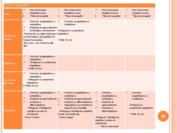 SCUOLA PRIMARIA Plessi Monterosso Calabro Capistrano San Nicola da Crissa Vallelonga Aree di processo
