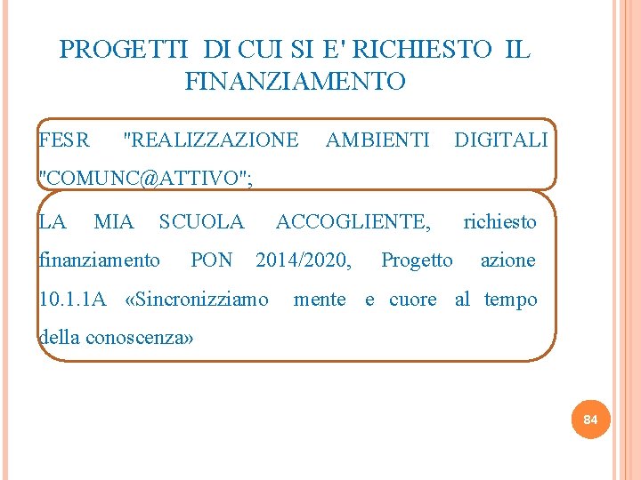 PROGETTI DI CUI SI E' RICHIESTO IL FINANZIAMENTO FESR "REALIZZAZIONE AMBIENTI DIGITALI "COMUNC@ATTIVO"; LA