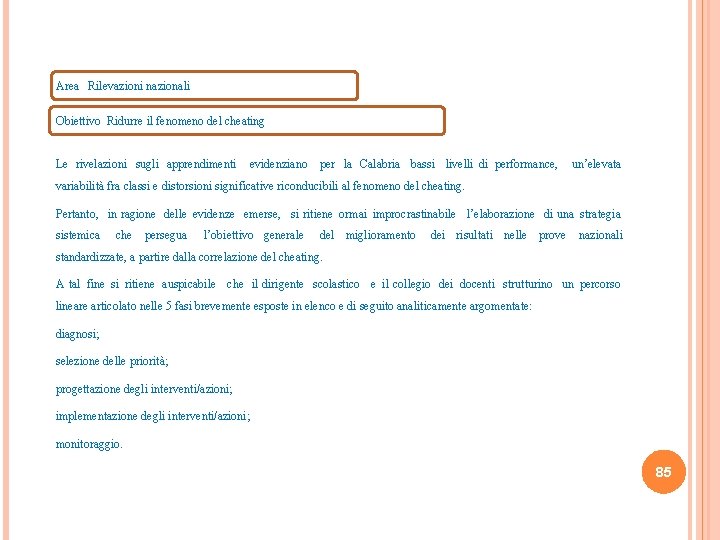 Area Rilevazioni nazionali Obiettivo Ridurre il fenomeno del cheating Le rivelazioni sugli apprendimenti evidenziano