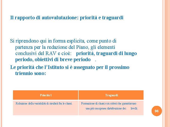 Il rapporto di autovalutazione: priorità e traguardi Si riprendono qui in forma esplicita, come