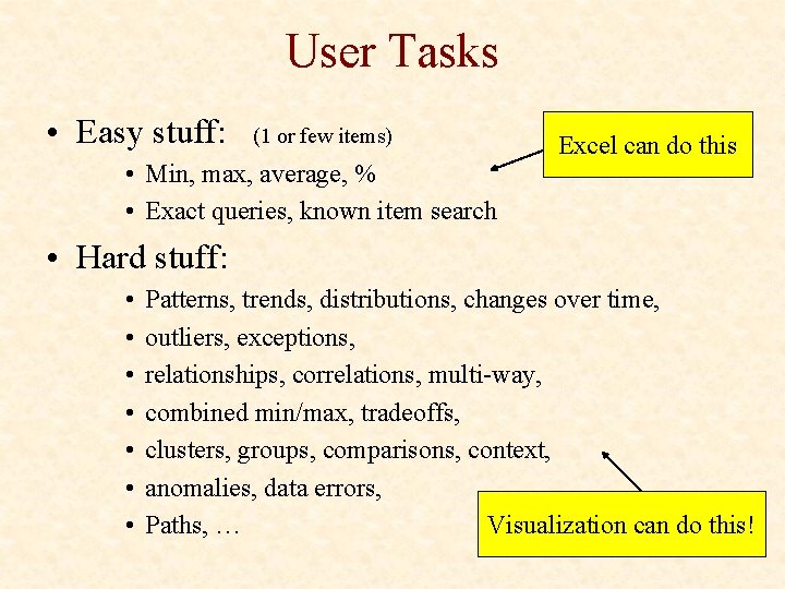 User Tasks • Easy stuff: (1 or few items) • Min, max, average, %