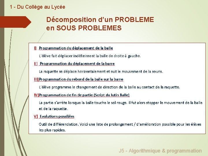 1 - Du Collège au Lycée Décomposition d’un PROBLEME en SOUS PROBLEMES J 5