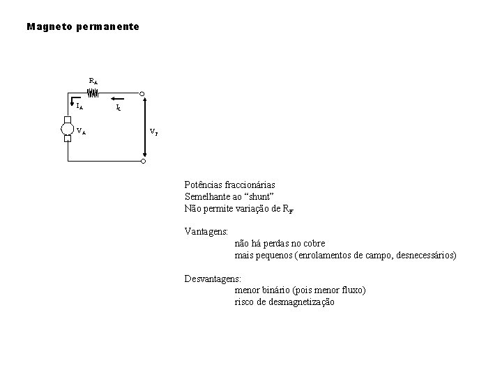 Magneto permanente RA IA VA IL VT Potências fraccionárias Semelhante ao “shunt” Não permite