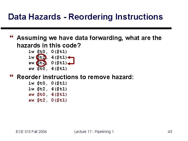 Data Hazards - Reordering Instructions } Assuming we have data forwarding, what are the