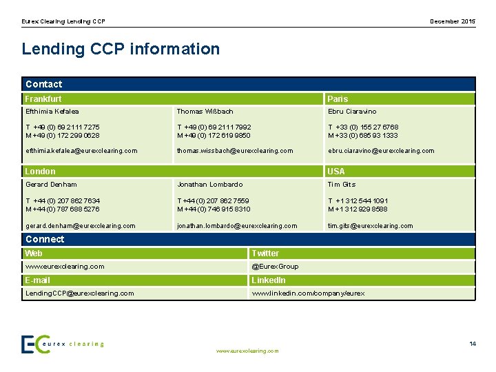 Eurex Clearing Lending CCP December 2015 Lending CCP information Contact Frankfurt Paris Efthimia Kefalea