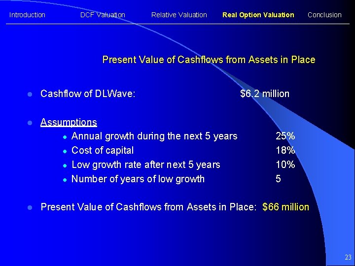 Introduction DCF Valuation Relative Valuation Real Option Valuation Conclusion Present Value of Cashflows from