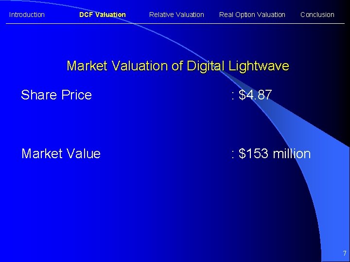 Introduction DCF Valuation Relative Valuation Real Option Valuation Conclusion Market Valuation of Digital Lightwave