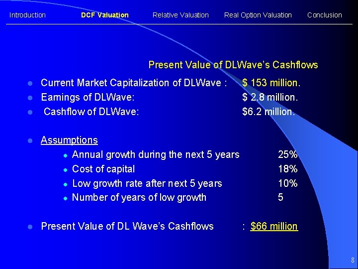 Introduction DCF Valuation Relative Valuation Real Option Valuation Conclusion Present Value of DLWave’s Cashflows