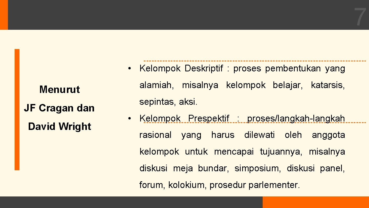 7 • Kelompok Deskriptif : proses pembentukan yang Menurut JF Cragan dan David Wright