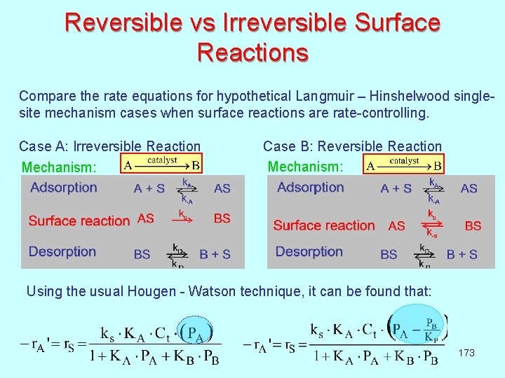 Reversible vs Irreversible Surface Reactions Compare the rate equations for hypothetical Langmuir – Hinshelwood