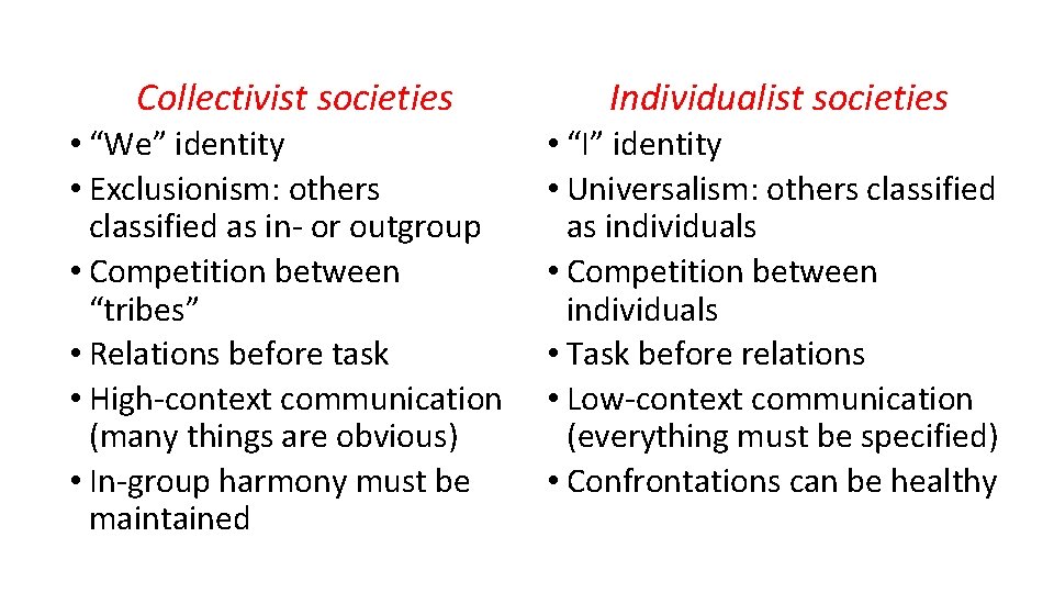 Collectivist societies Individualist societies • “We” identity • Exclusionism: others classified as in- or