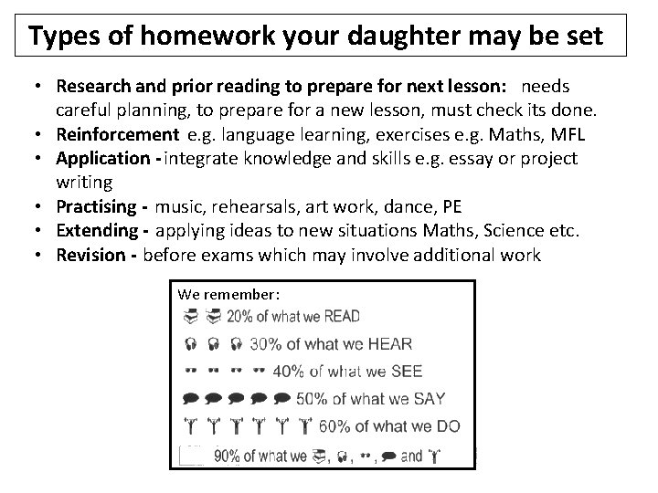 Types of homework your daughter may be set • Research and prior reading to