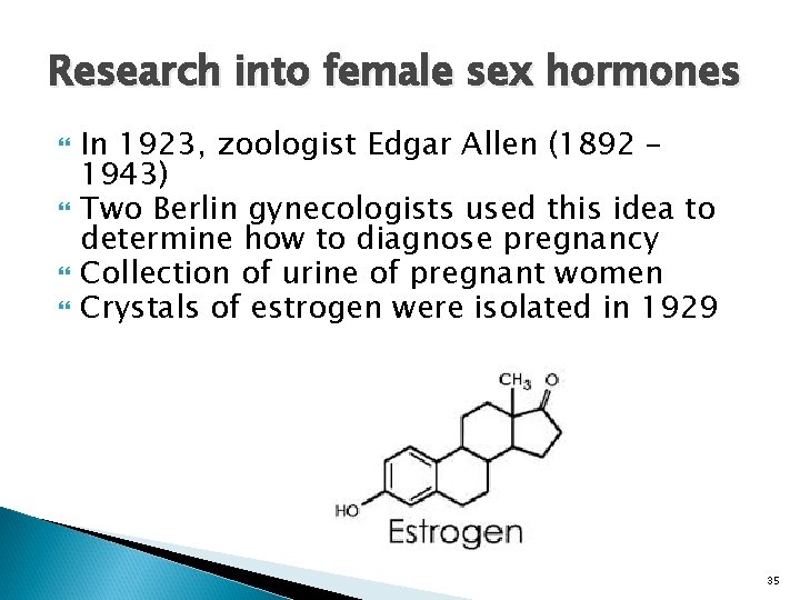 Research into female sex hormones In 1923, zoologist Edgar Allen (1892 – 1943) Two