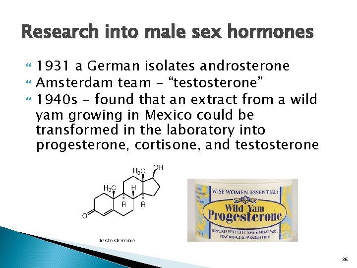 Research into male sex hormones 1931 a German isolates androsterone Amsterdam team - “testosterone”