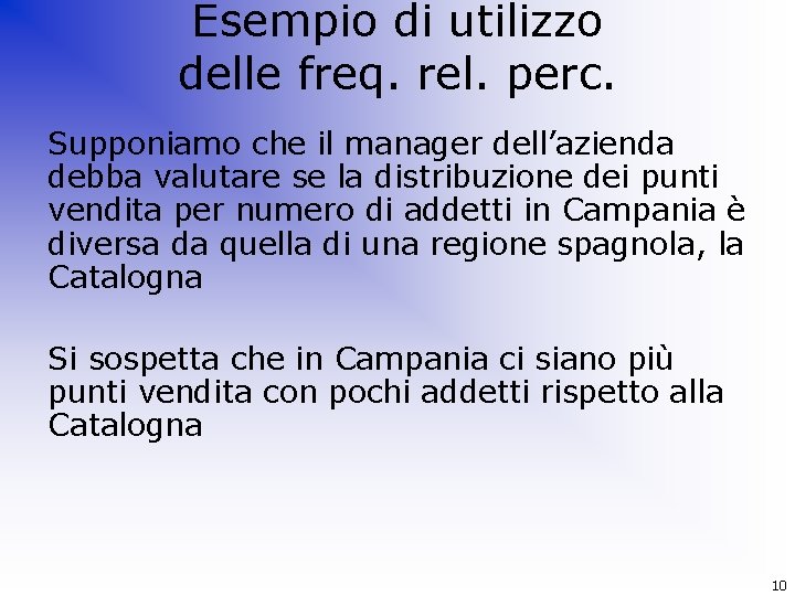Esempio di utilizzo delle freq. rel. perc. Supponiamo che il manager dell’azienda debba valutare