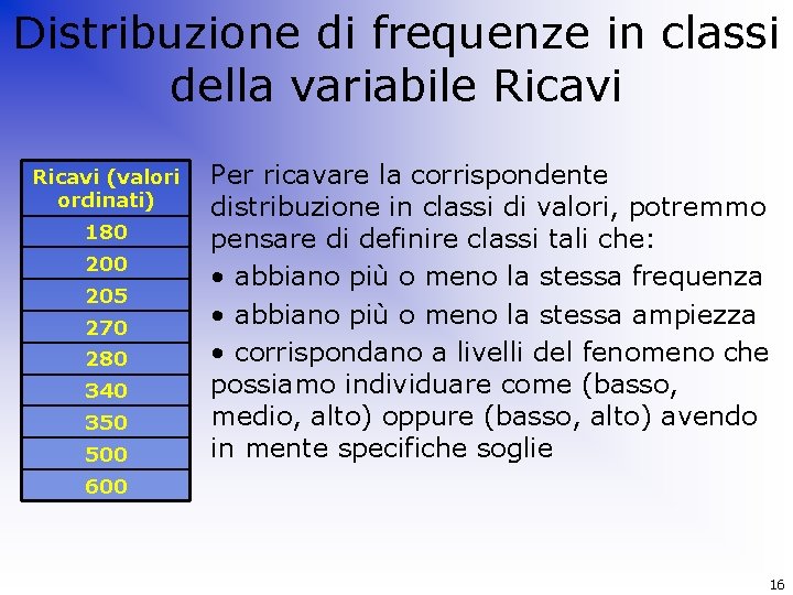 Distribuzione di frequenze in classi della variabile Ricavi (valori ordinati) 180 205 270 280