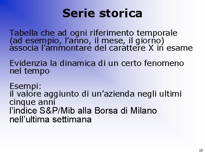 Serie storica Tabella che ad ogni riferimento temporale (ad esempio, l’anno, il mese, il
