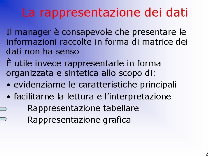 La rappresentazione dei dati Il manager è consapevole che presentare le informazioni raccolte in