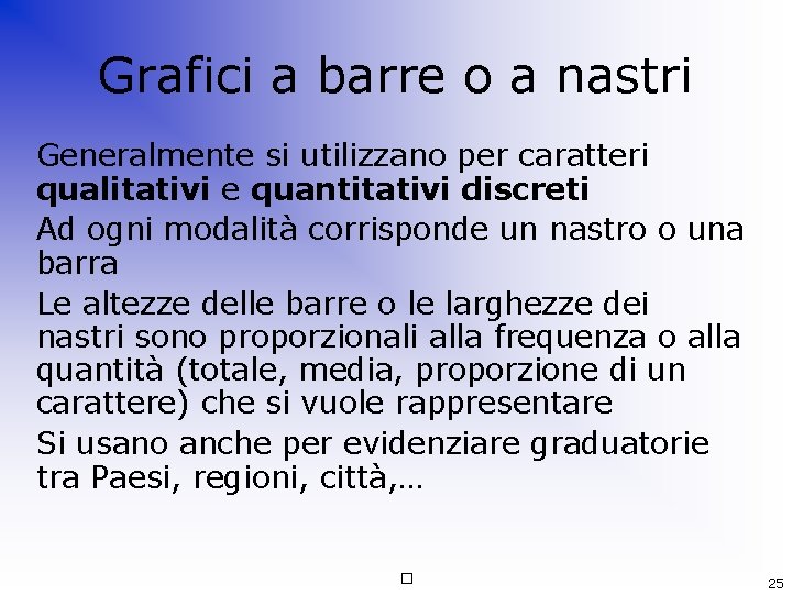 Grafici a barre o a nastri Generalmente si utilizzano per caratteri qualitativi e quantitativi
