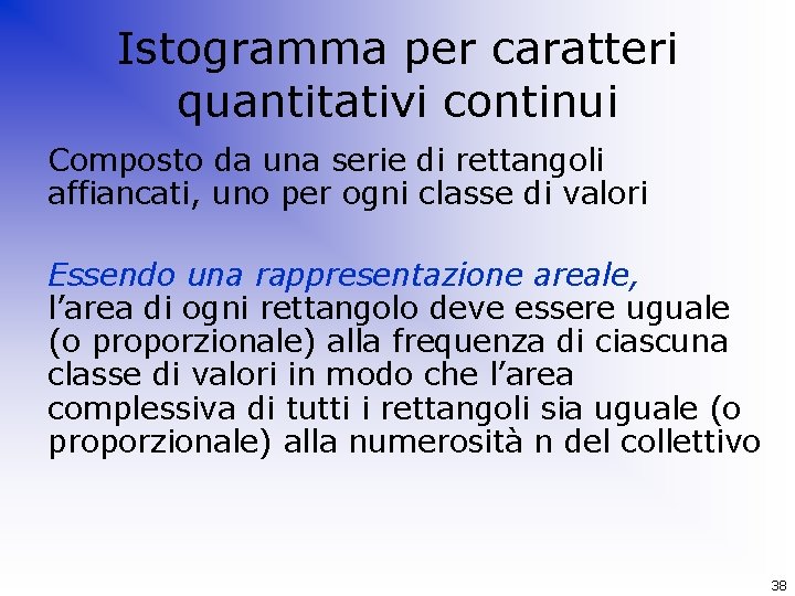 Istogramma per caratteri quantitativi continui Composto da una serie di rettangoli affiancati, uno per