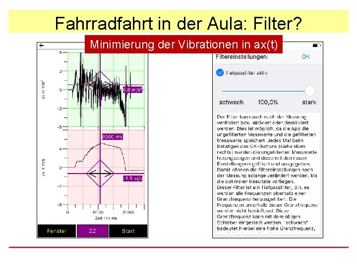 Fahrradfahrt in der Aula: Filter? Minimierung der Vibrationen in ax(t) 
