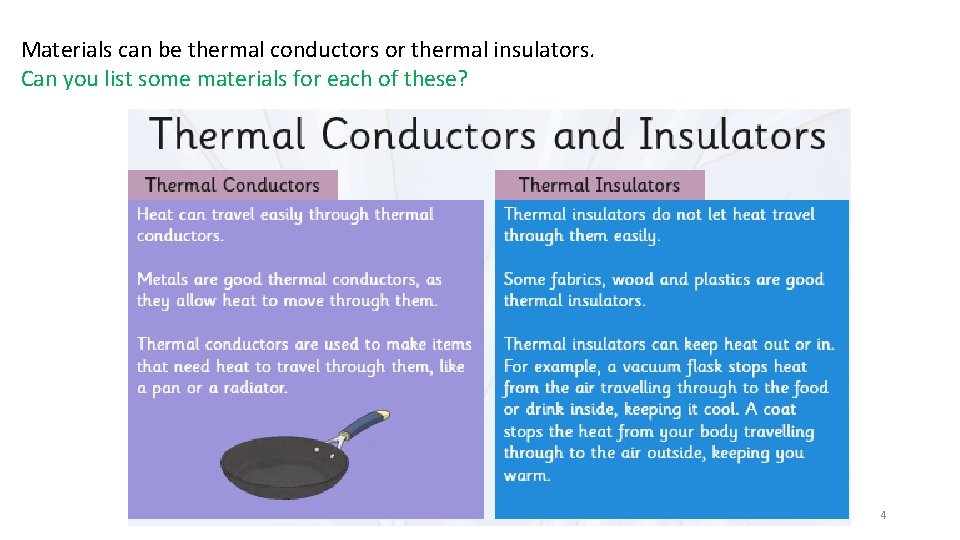 Materials can be thermal conductors or thermal insulators. Can you list some materials for