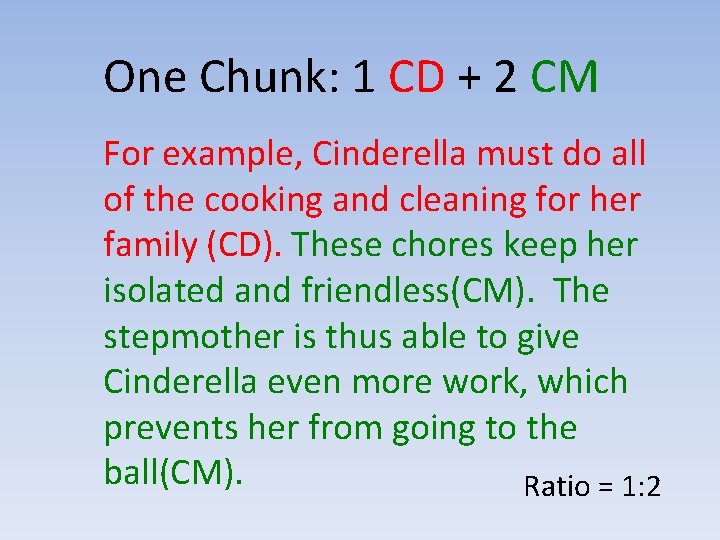 One Chunk: 1 CD + 2 CM For example, Cinderella must do all of