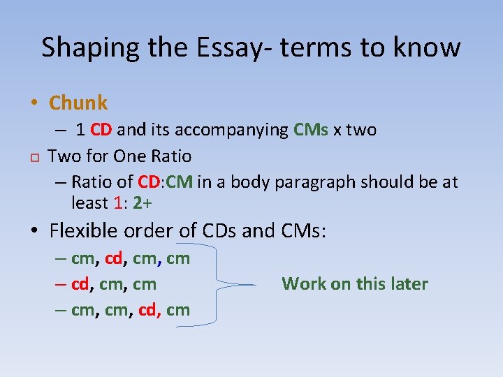 Shaping the Essay- terms to know • Chunk – 1 CD and its accompanying