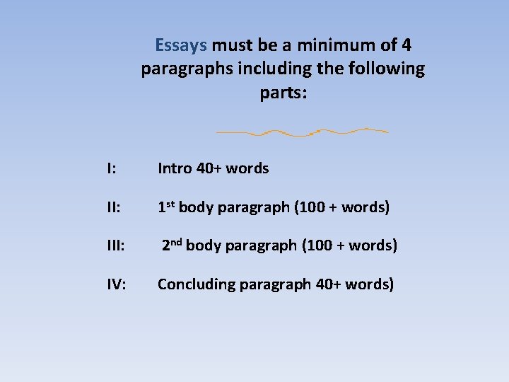 Essays must be a minimum of 4 paragraphs including the following parts: Intro 40+