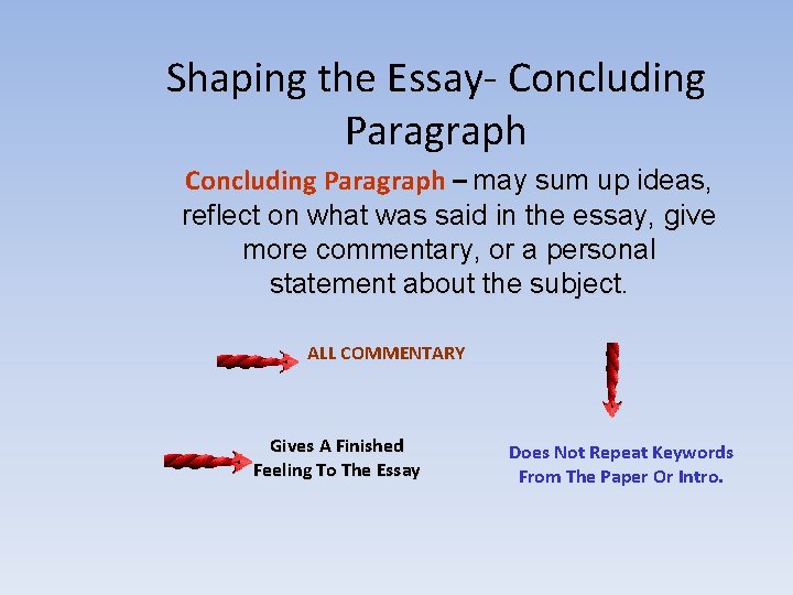 Shaping the Essay- Concluding Paragraph – may sum up ideas, reflect on what was