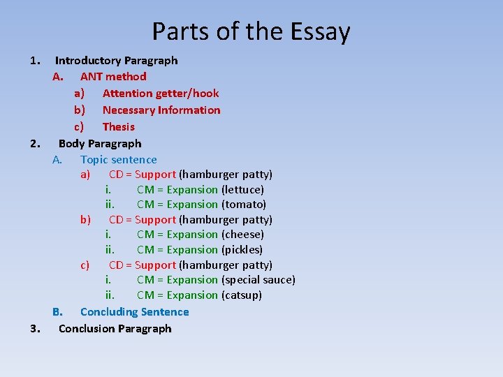 Parts of the Essay 1. Introductory Paragraph A. ANT method a) Attention getter/hook b)