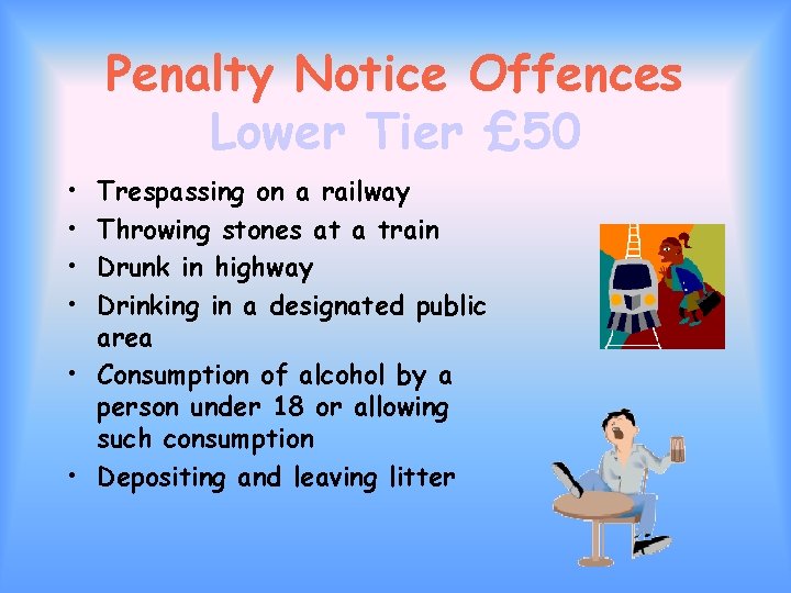 Penalty Notice Offences Lower Tier £ 50 • • Trespassing on a railway Throwing