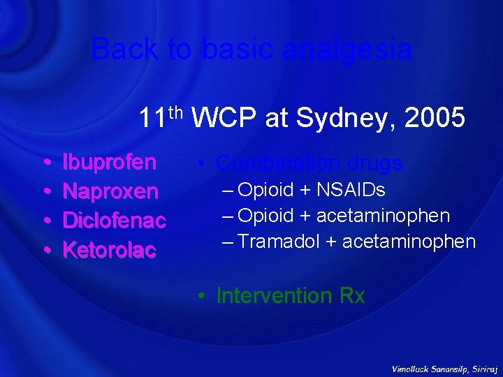 Back to basic analgesia 11 th WCP at Sydney, 2005 • • Ibuprofen Naproxen