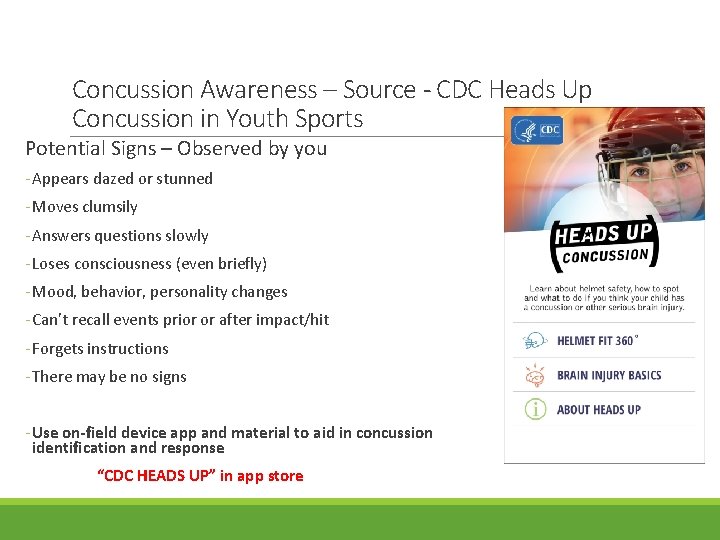 Concussion Awareness – Source - CDC Heads Up Concussion in Youth Sports Potential Signs