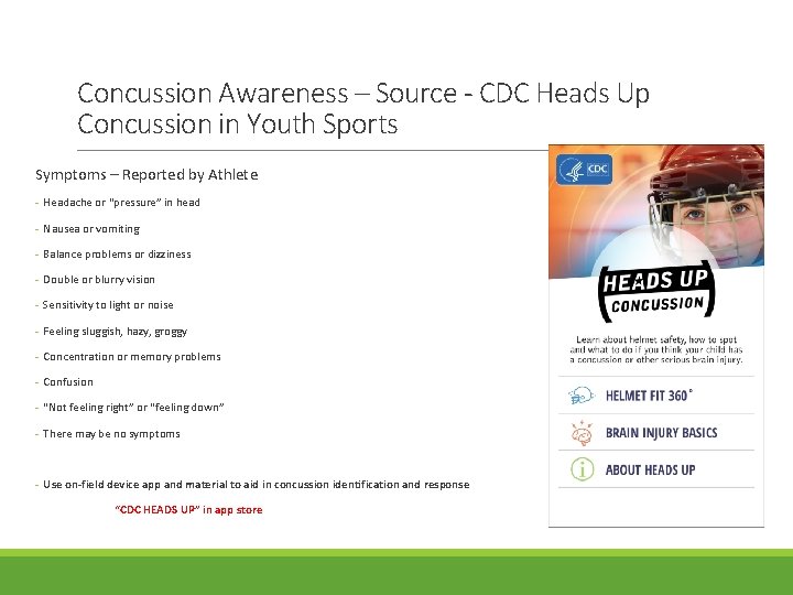 Concussion Awareness – Source - CDC Heads Up Concussion in Youth Sports Symptoms –