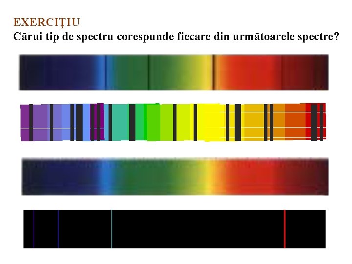 EXERCIŢIU Cărui tip de spectru corespunde fiecare din următoarele spectre? 