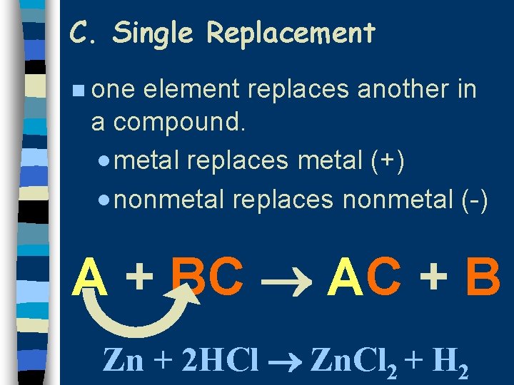 C. Single Replacement n one element replaces another in a compound. · metal replaces