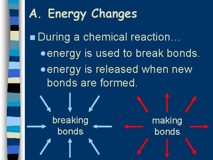 A. Energy Changes n During a chemical reaction… · energy is used to break